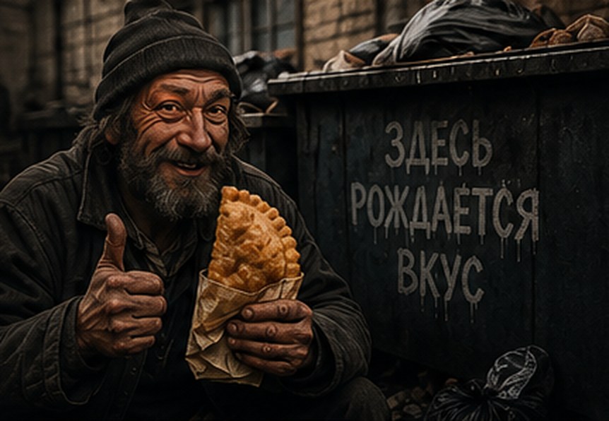 Мужчина с чебуреком у мусорного бака, на баке надпись «Здесь рождается вкус»